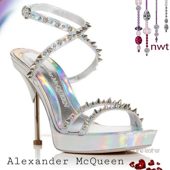 BNIOB ALEXANDER MCQUEEN Leather Silver Iridescent Heels Caged Embellished - Picture 15 of 15